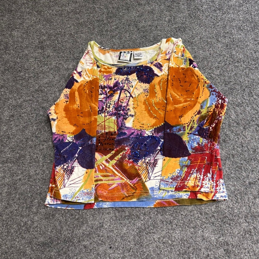 Take Two Clothing Co. Top Womens Size PM Multicolor Floral Sequin Cotton Casual